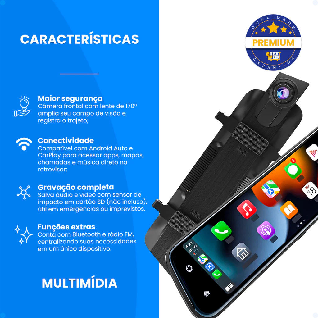 Retrovisor com Câmera de Ré e Gravação + Brinde