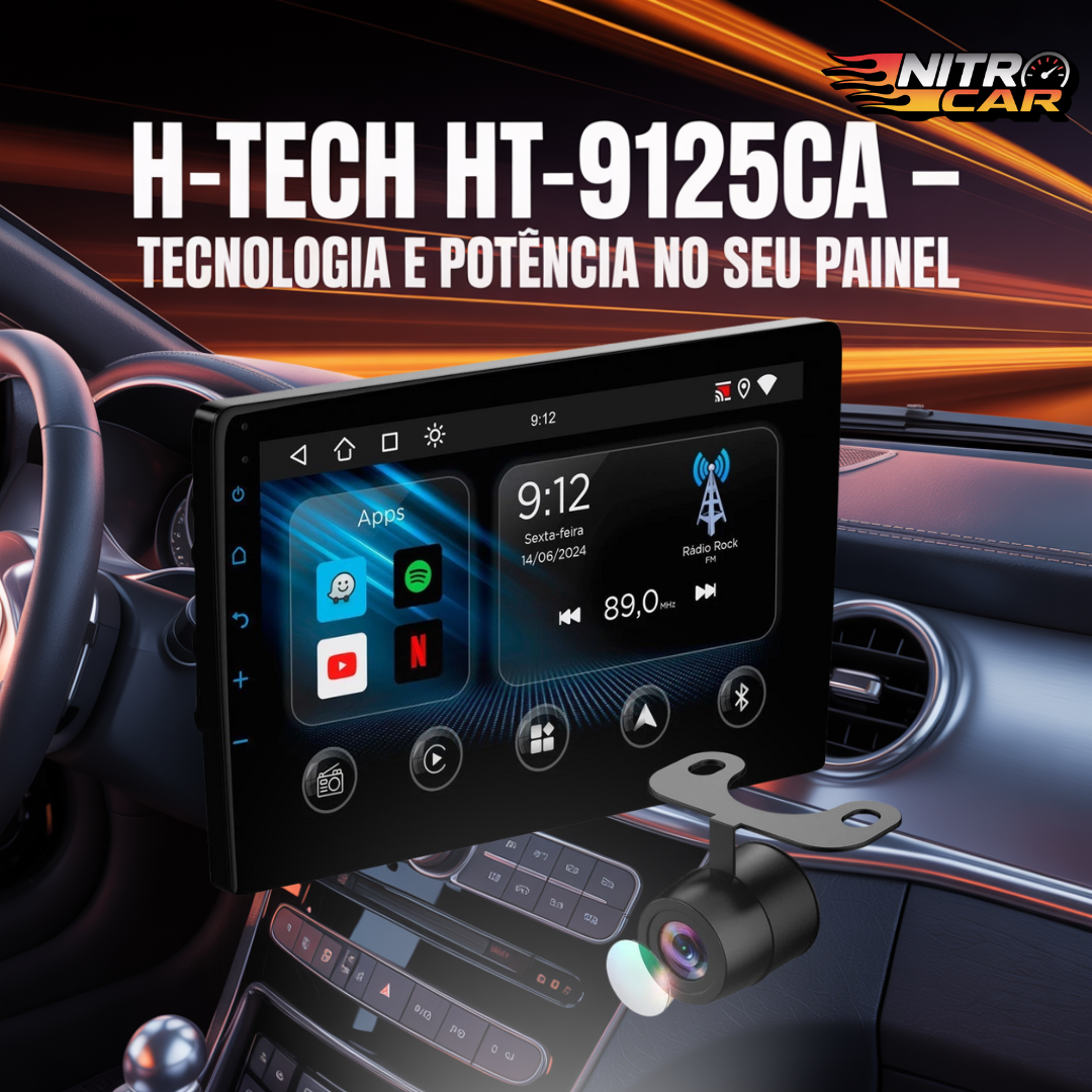 Multimídia MP5 2 Din 9 Polegadas" H-Tech HT-9125CA Android Auto CarPlay Sem Fio + Câmera de Ré