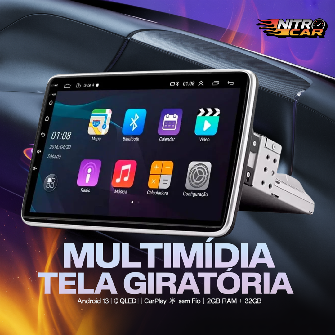 Oferta Mês de Agosto | Central Multimídia Universal | Tela Rotativa e Flutuante Carplay Android Wifi (PARA QUALQUER CARRO)