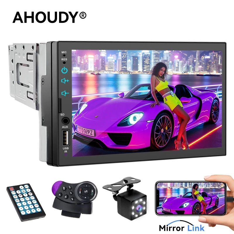 AHOUDY Central Multimídia MP5 1 Din 7 polegadas Tela Sensível Ao Toque Espelhamento Bluetooth USB/AUX/TF